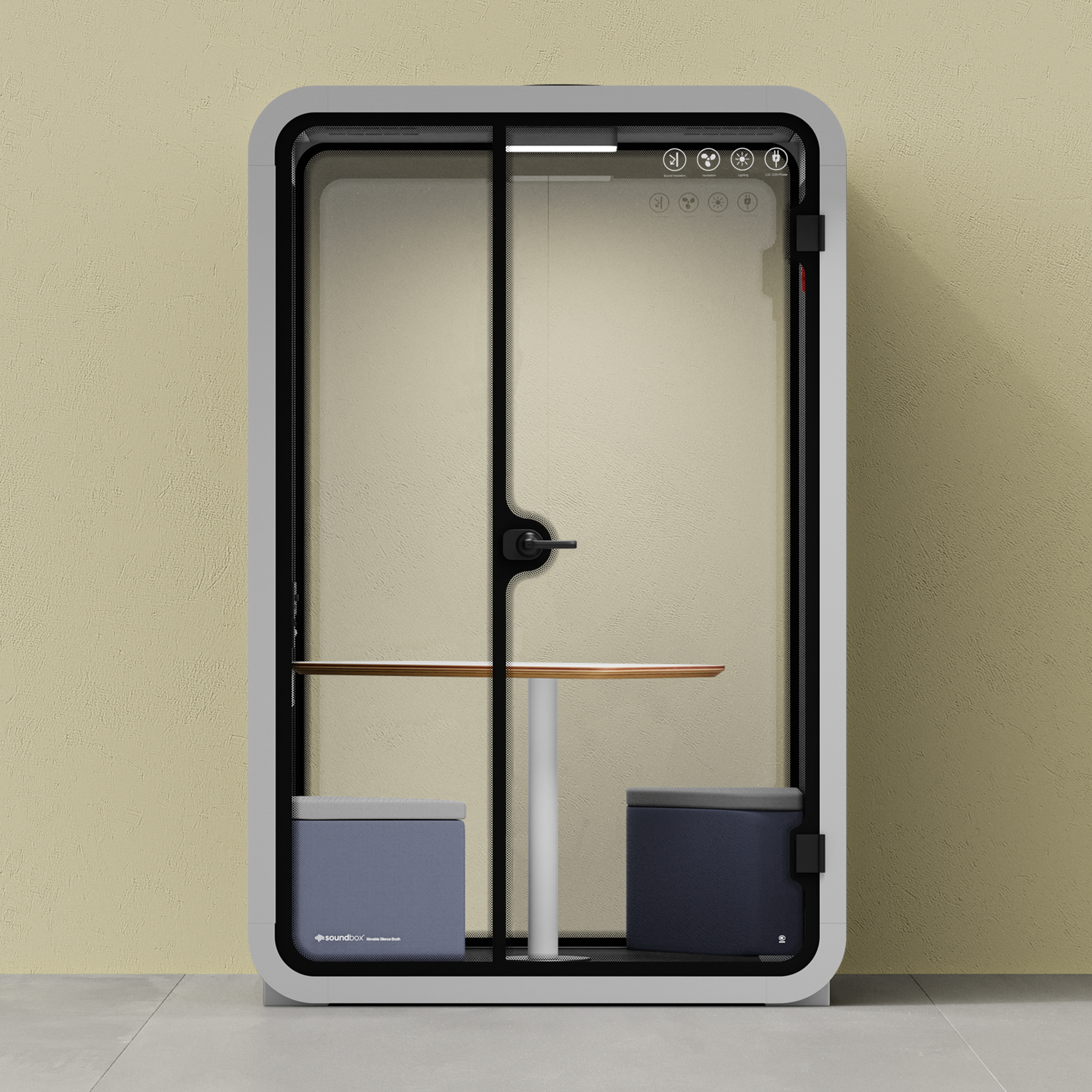 Kontortelefonboks Quell - 2 personerLight Grey / Dark Gray / Meeting Room + Table + Corner Stool