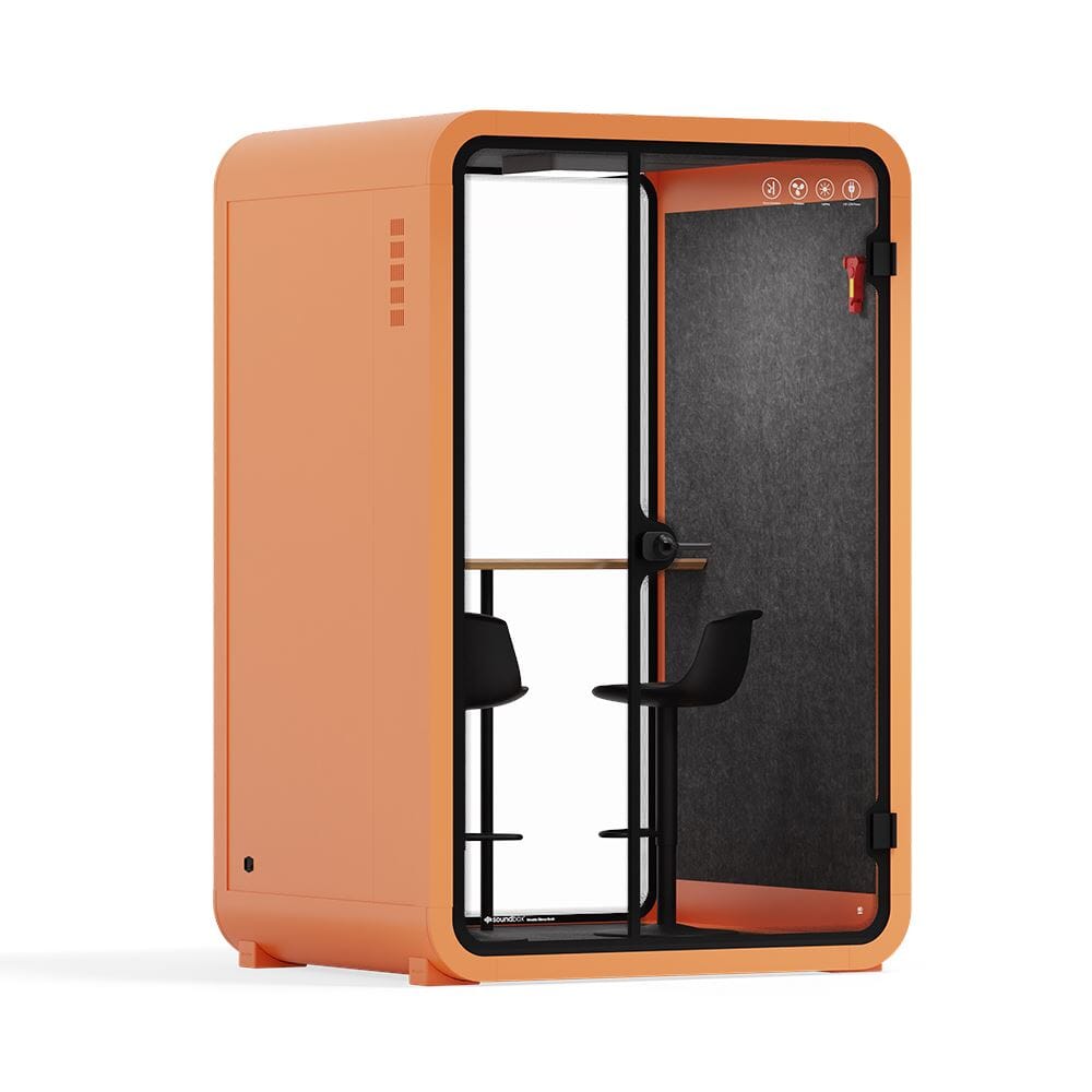 Quell - CoWorker - 1-2 Person Pod Sound Booth Sound Booth Store Orange Dark Gray Dual Zoom Room + Device Shelf + 2 Barstools