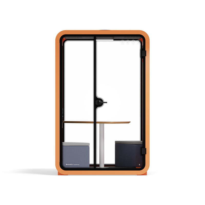 Office Phone Booth Quell - 2 PersonOrange / Dark Gray / Meeting Room + Table + Corner Stool