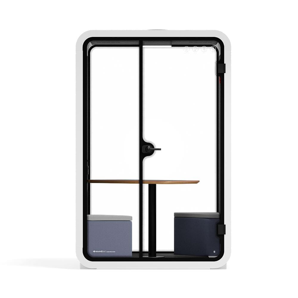 Kontortelefonboks Quell - 2 personerWhite / Dark Gray / Meeting Room + Table + Corner Stool