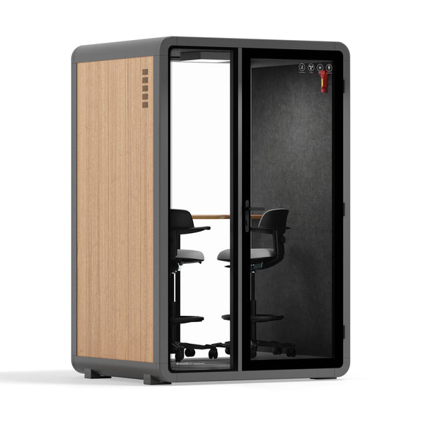 Quell - CoWorker - 2 Person Pod Sound Booth Sound Booth Store Wooden Dark Gray Dual Zoom Room + Device Shelf + 2 Barstools