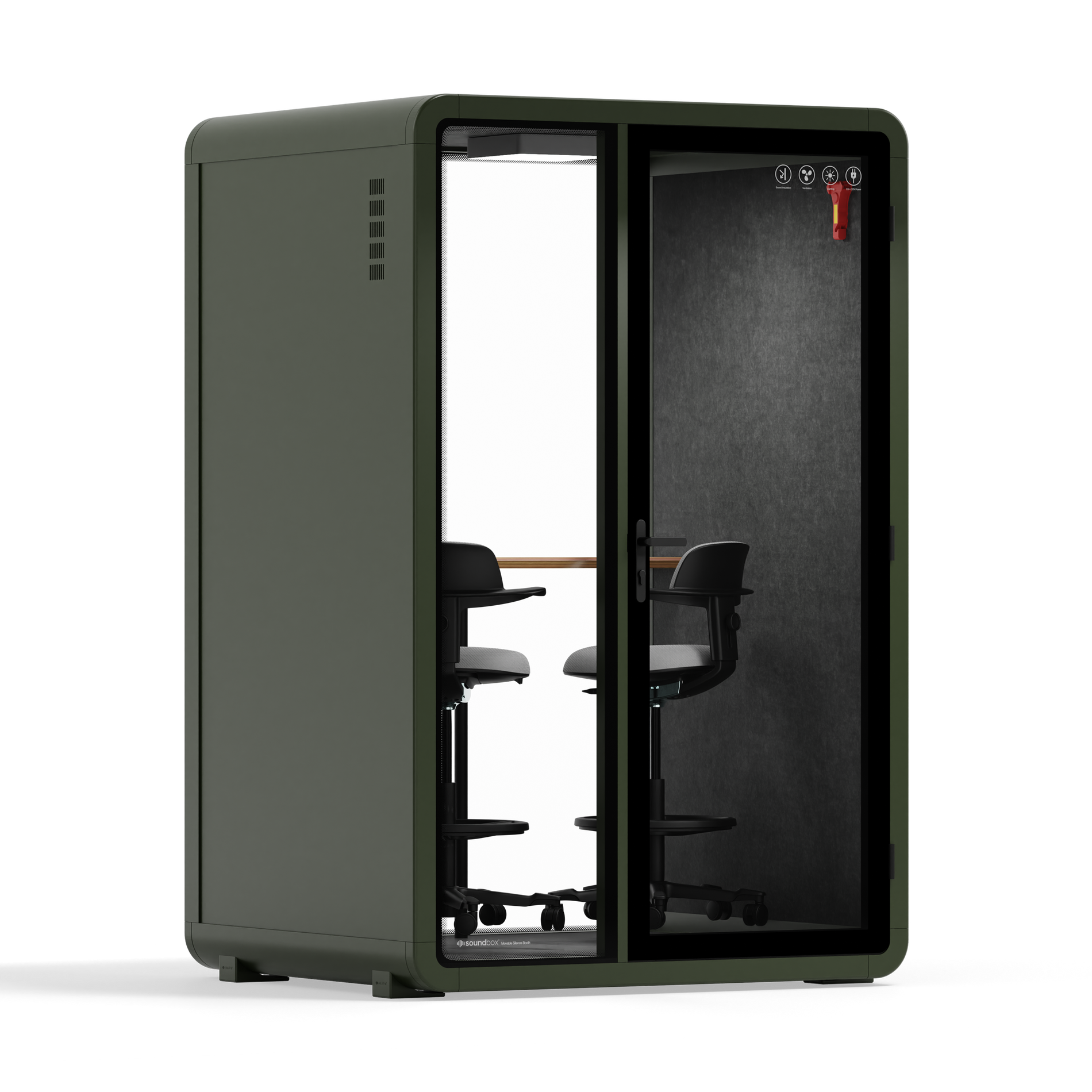 Quell - CoWorker - 2 Person PodDark Green / Dark Gray / Dual Zoom Room + Device Shelf + 2 Barstools