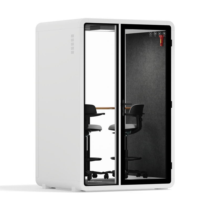 Quell - kollega - 2 person podWhite / Dark Gray / Dual Zoom Room + Device Shelf + 2 Barstools