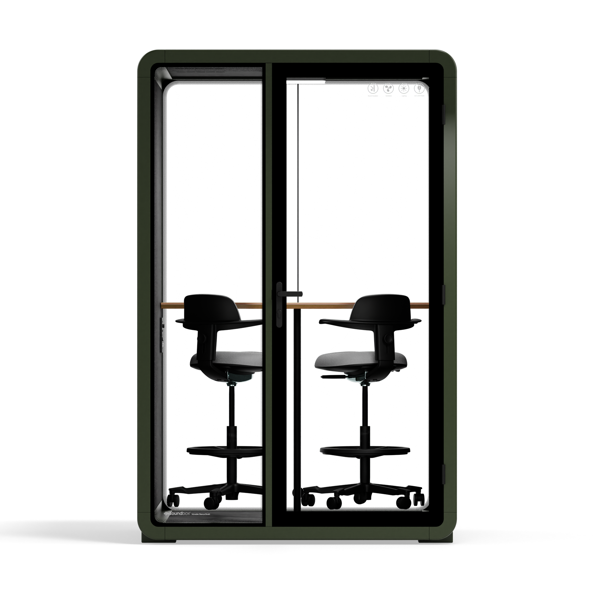Quell - CoWorker - 2 Personen-PodDark Green / Dark Gray / Dual Zoom Room + Device Shelf + 2 Barstools