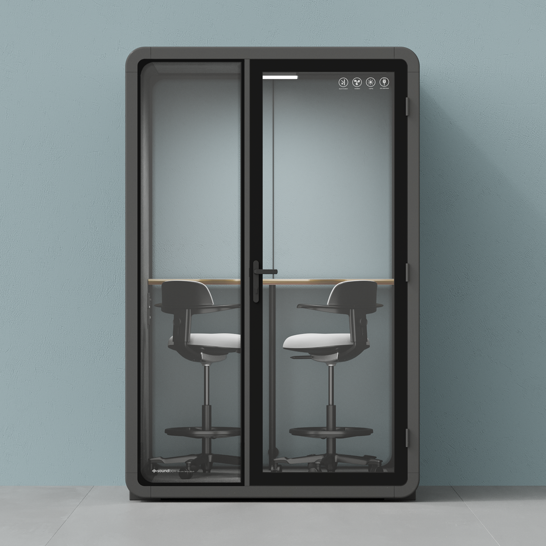 Quell - CoWorker - Pod 2 personnesWooden / Dark Gray / Dual Zoom Room + Device Shelf + 2 Barstools