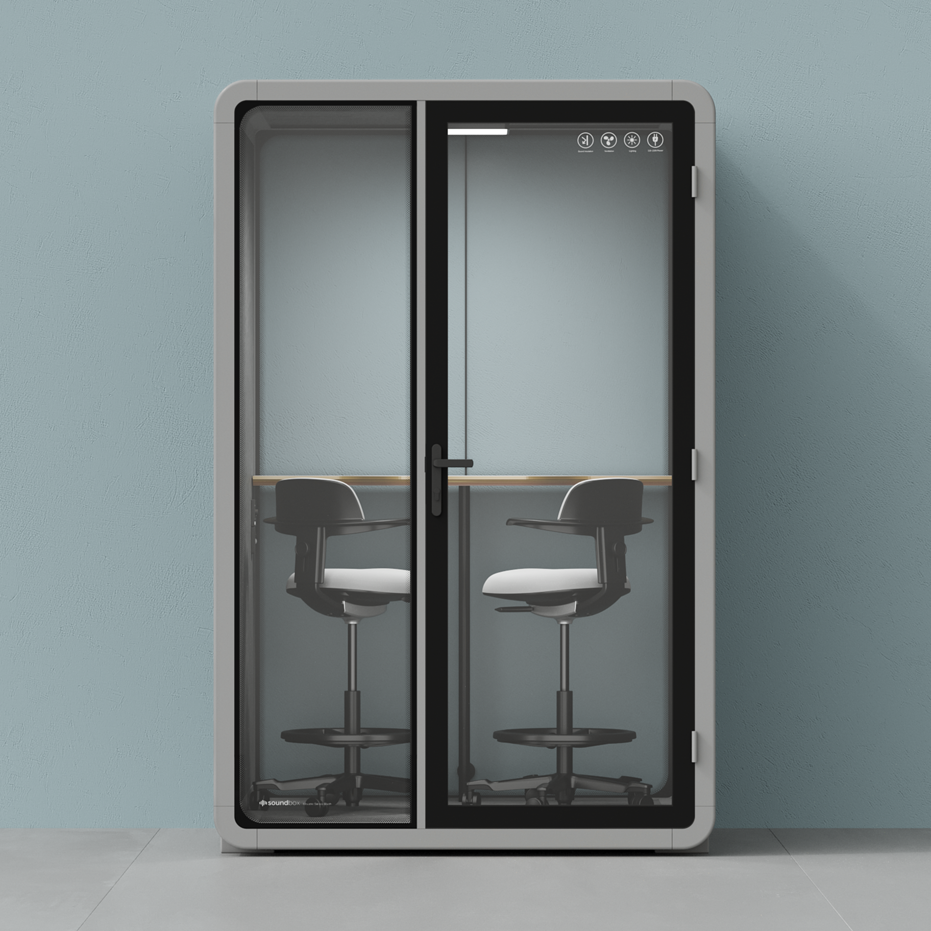 Quell - CoWorker - Pod per 2 personeLight Grey / Dark Gray / Dual Zoom Room + Device Shelf + 2 Barstools