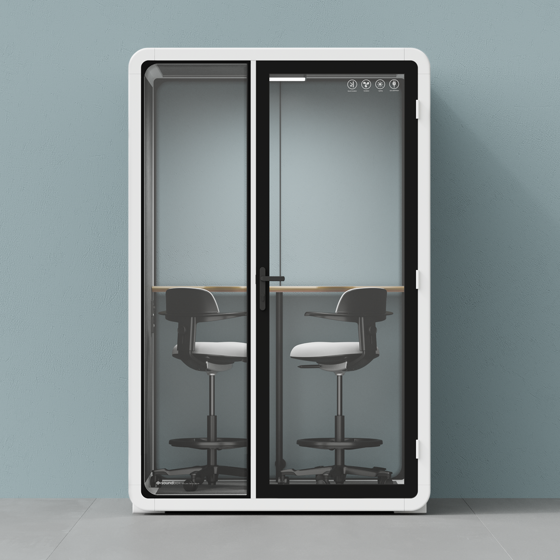 Quell - CoWorker - Pod 2 personnesWhite / Dark Gray / Dual Zoom Room + Device Shelf + 2 Barstools