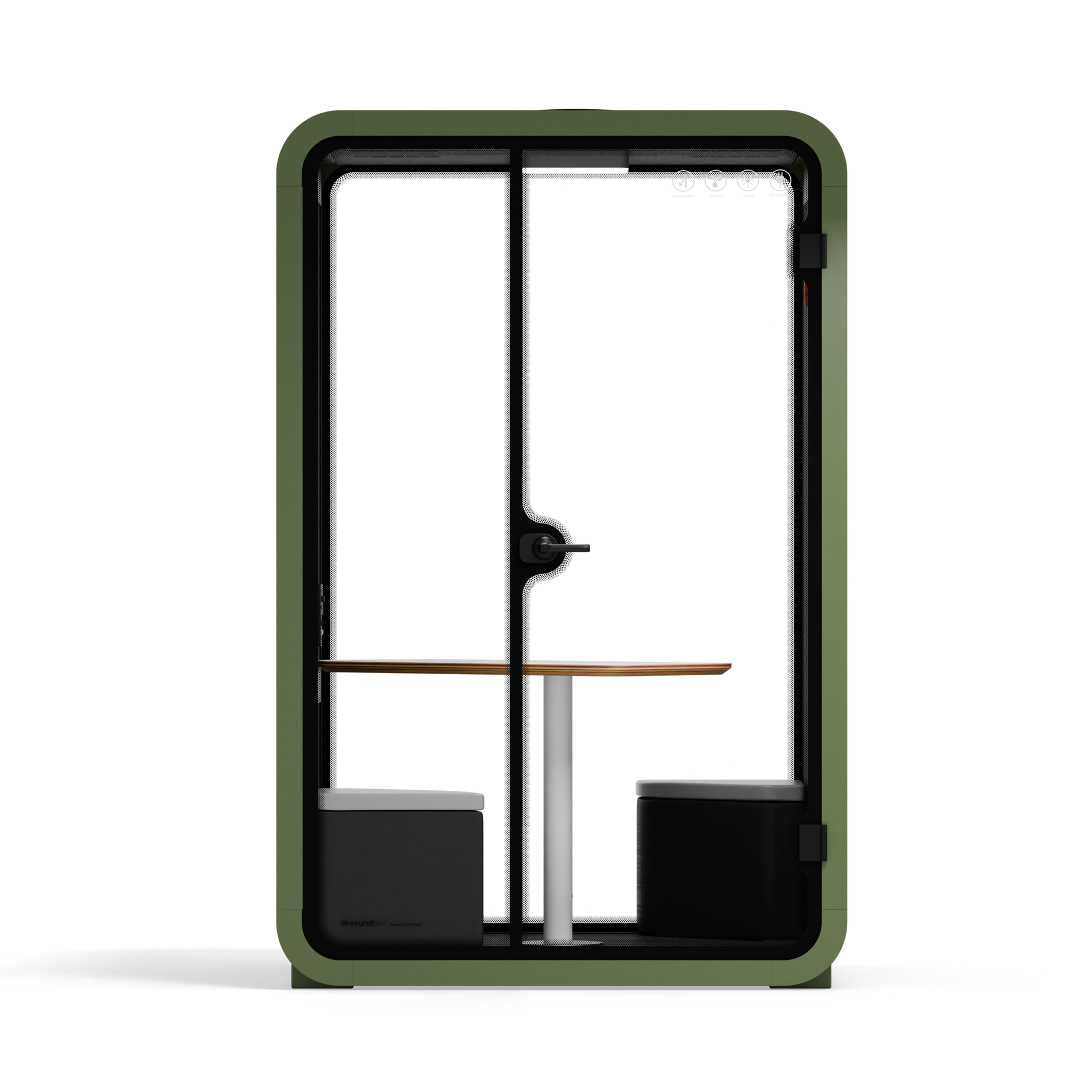 Kontortelefonboks Quell - 2 personerGreen / Dark Gray / Meeting Room + Table + Corner Stool