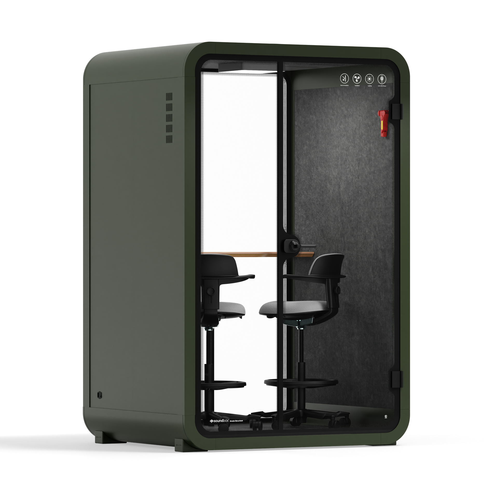 Quell - Office Pod - 2 PersonDark Green / Dark Gray / Dual Zoom Room + Device Shelf + 2 Barstools