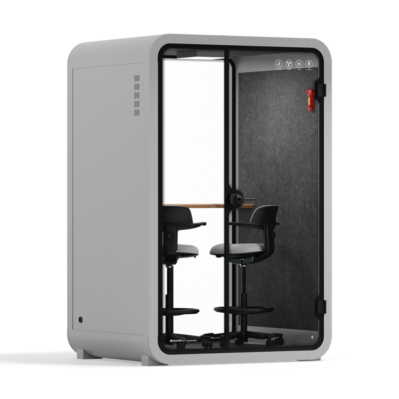 Büro-Telefonkabine Quell - 2 PersonenLight Grey / Dark Gray / Dual Zoom Room + Device Shelf + 2 Barstools