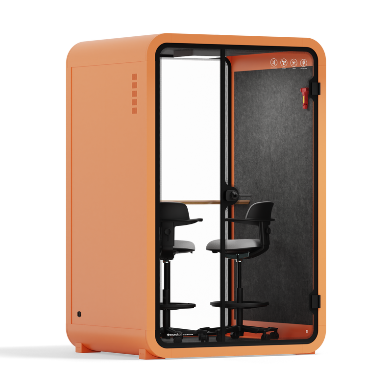 Office Phone Booth Quell - 2 PersonOrange / Dark Gray / Dual Zoom Room + Device Shelf + 2 Barstools