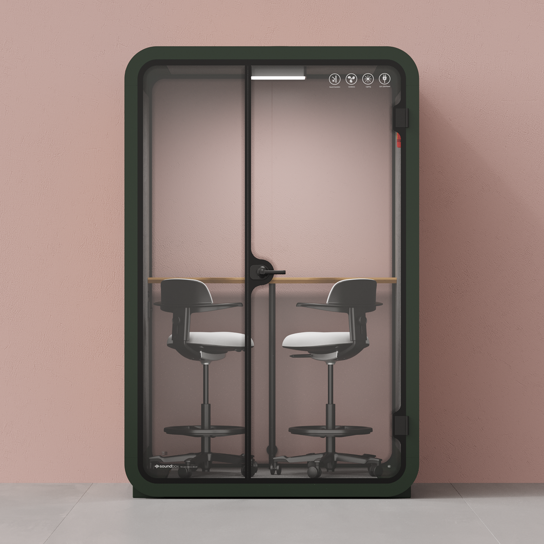 Quell - Office Pod - 2 PersonGreen / Dark Gray / Dual Zoom Room + Device Shelf + 2 Barstools