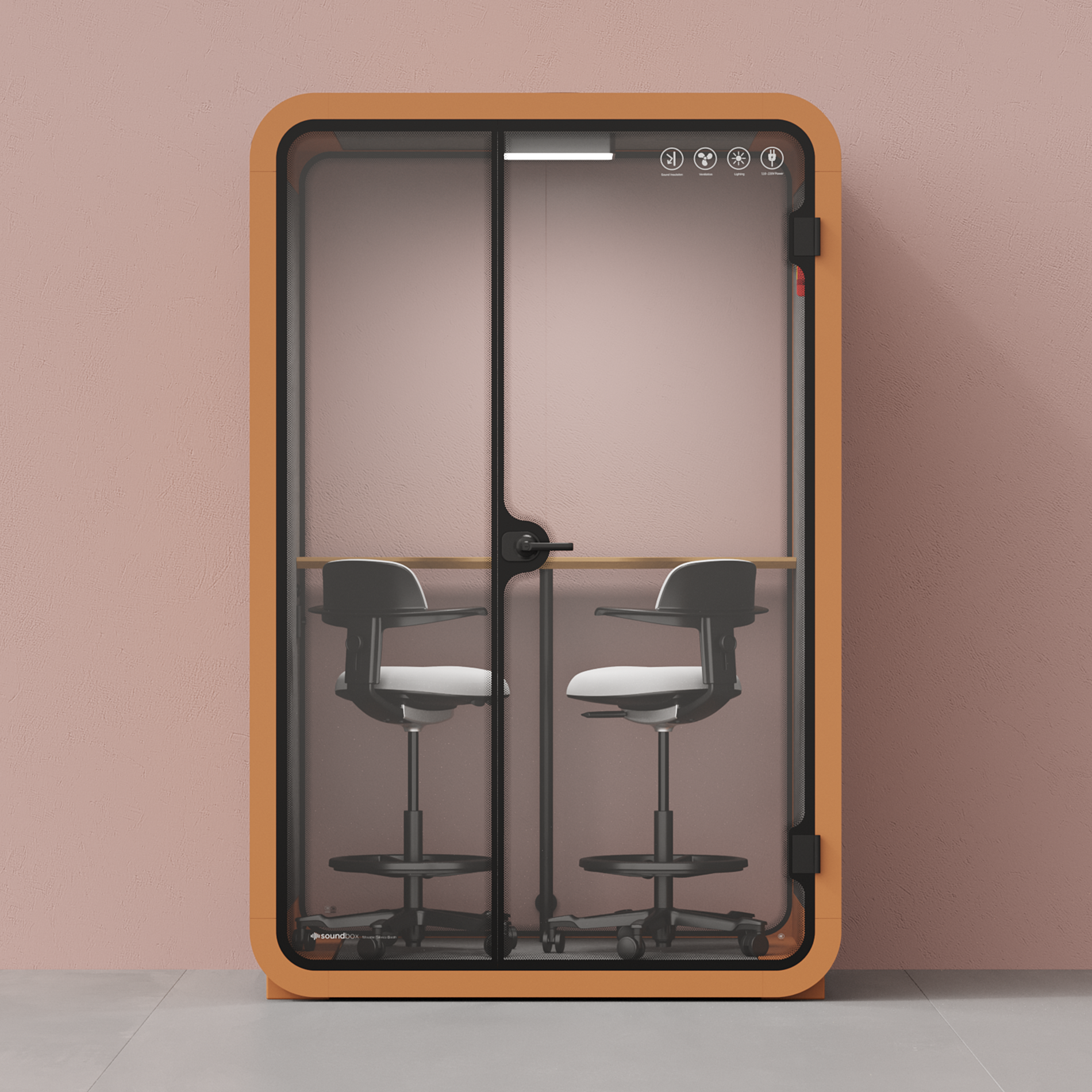 Quell - Office Pod - 2 PersonOrange / Dark Gray / Dual Zoom Room + Device Shelf + 2 Barstools