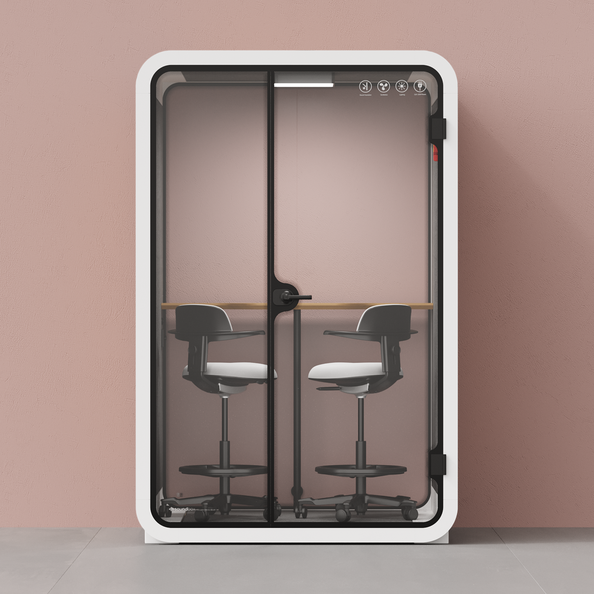 Quell - Office Pod - 2 PersonWhite / Dark Gray / Dual Zoom Room + Device Shelf + 2 Barstools