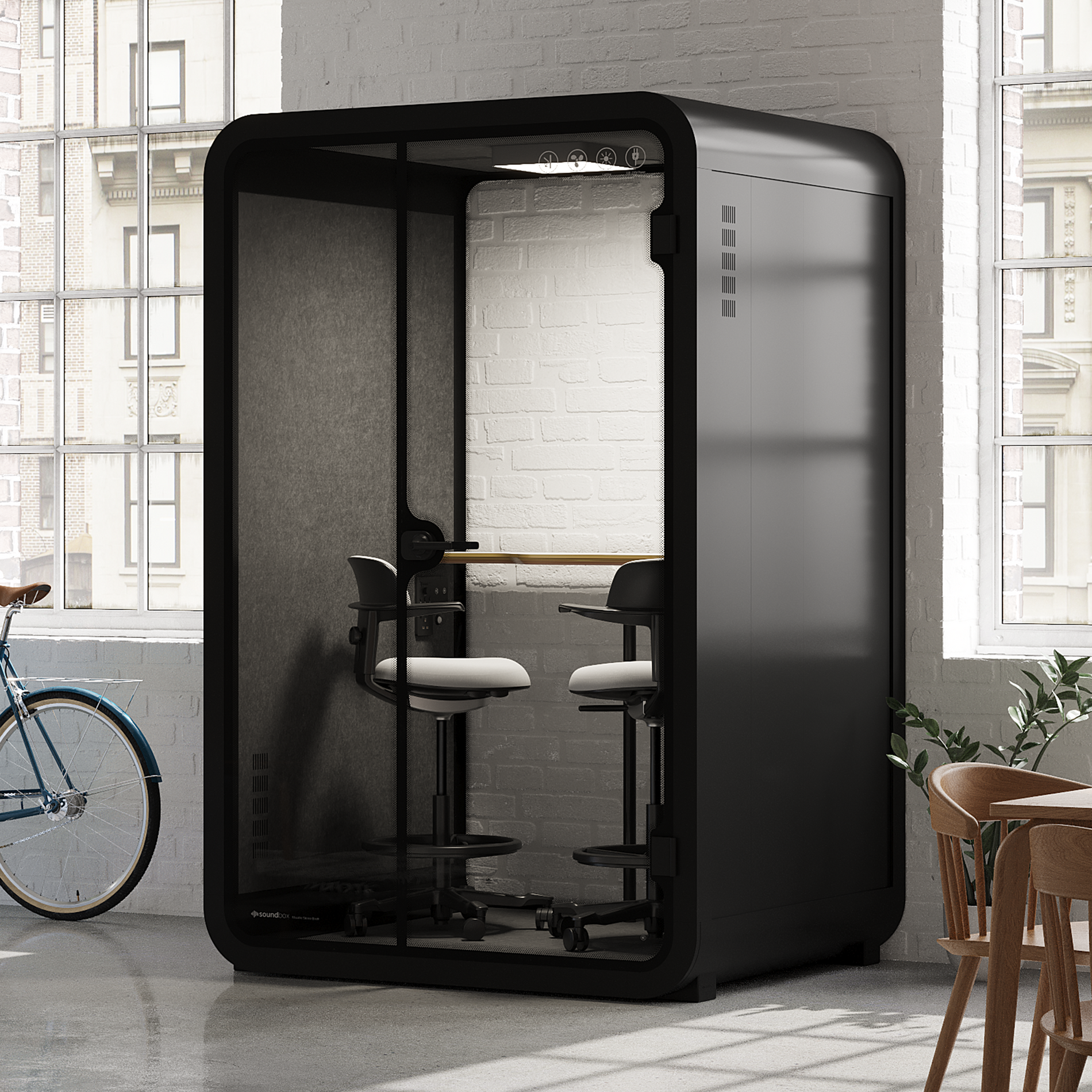 Quell - Büro-Pod - 2 PersonenCharcoal / Dark Gray / Dual Zoom Room + Device Shelf + 2 Barstools