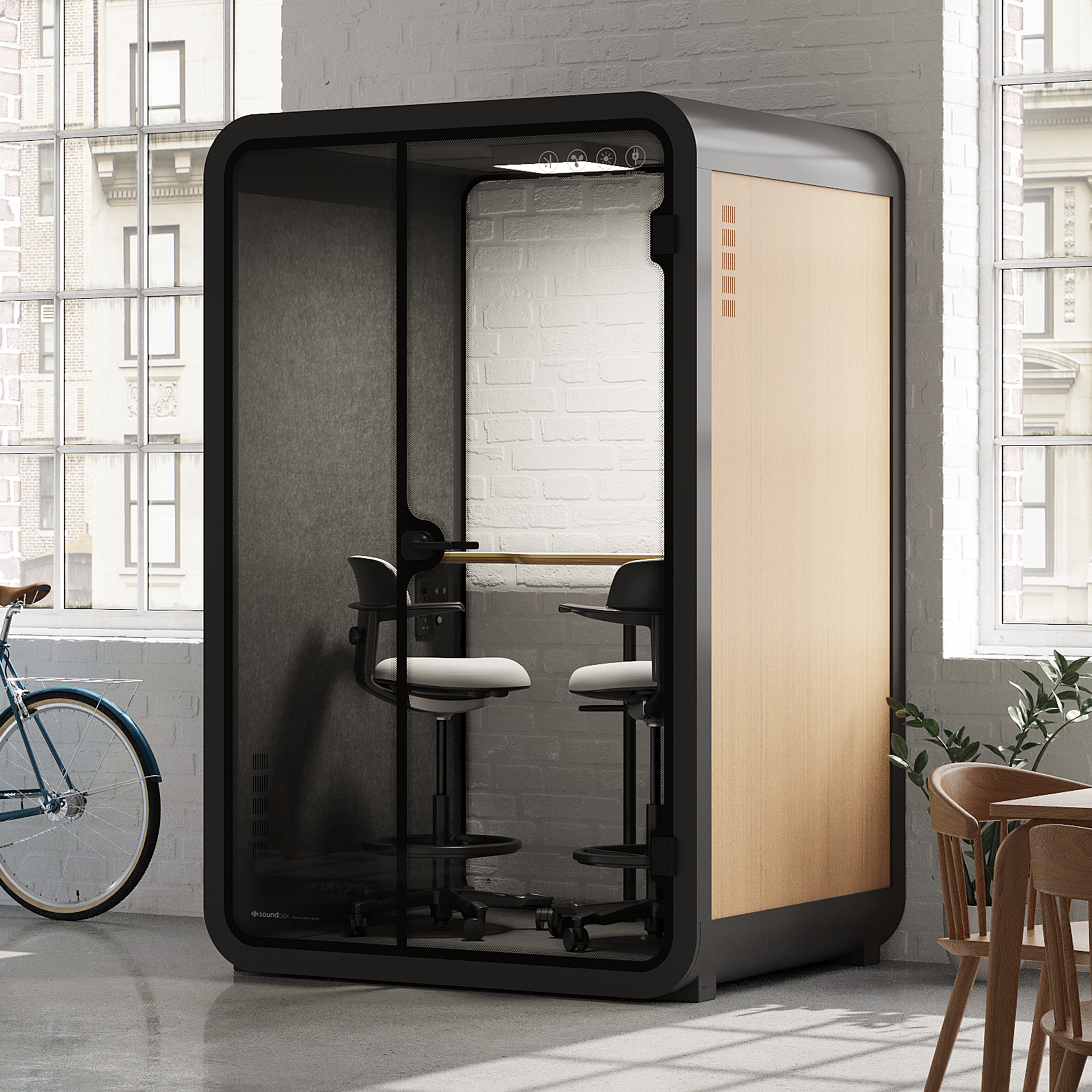 Quell - Büro-Pod - 2 PersonenWooden / Dark Gray / Dual Zoom Room + Device Shelf + 2 Barstools