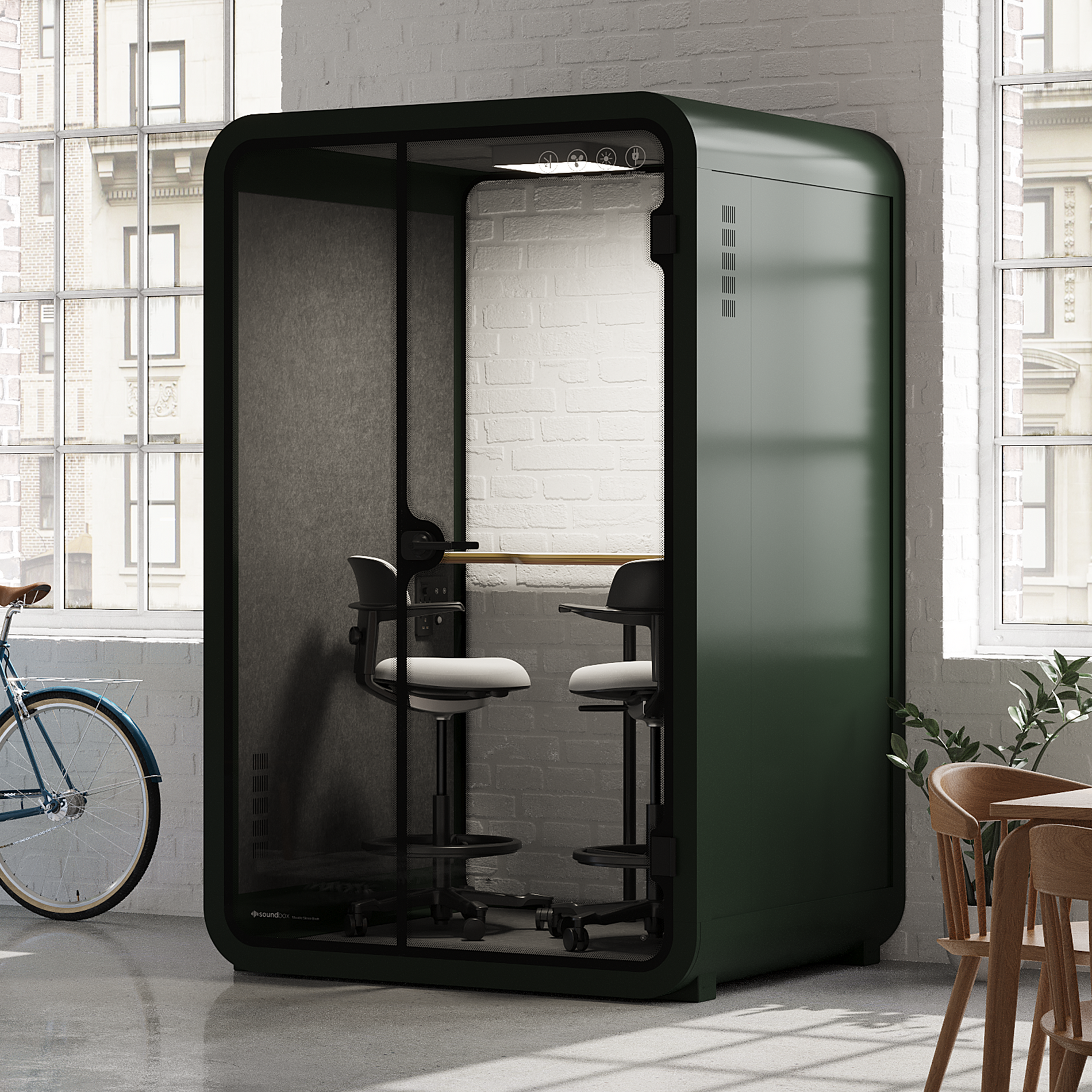 Quell - Office Pod - 2 PersonDark Green / Dark Gray / Dual Zoom Room + Device Shelf + 2 Barstools