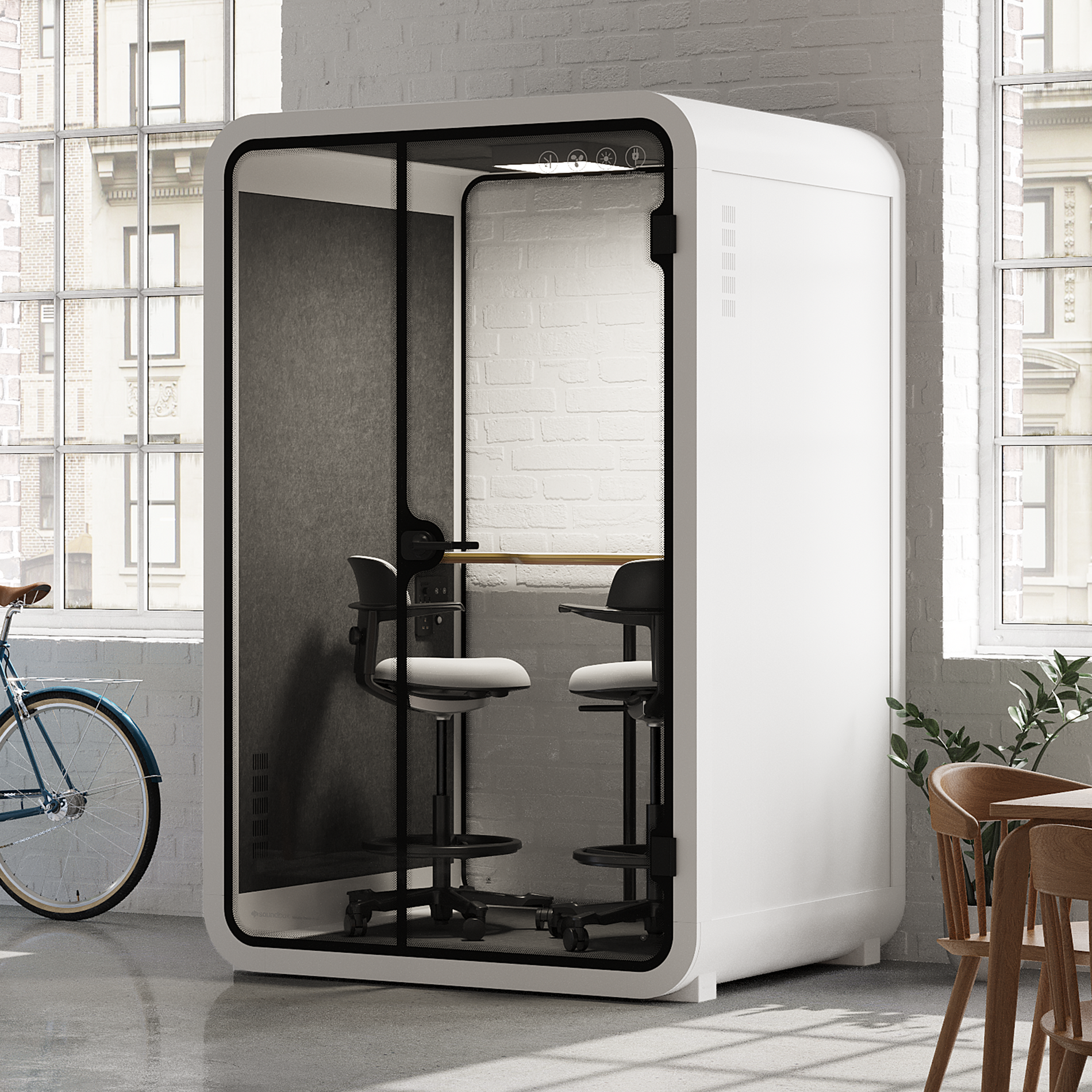 Quell - Büro-Pod - 2 PersonenWhite / Dark Gray / Dual Zoom Room + Device Shelf + 2 Barstools