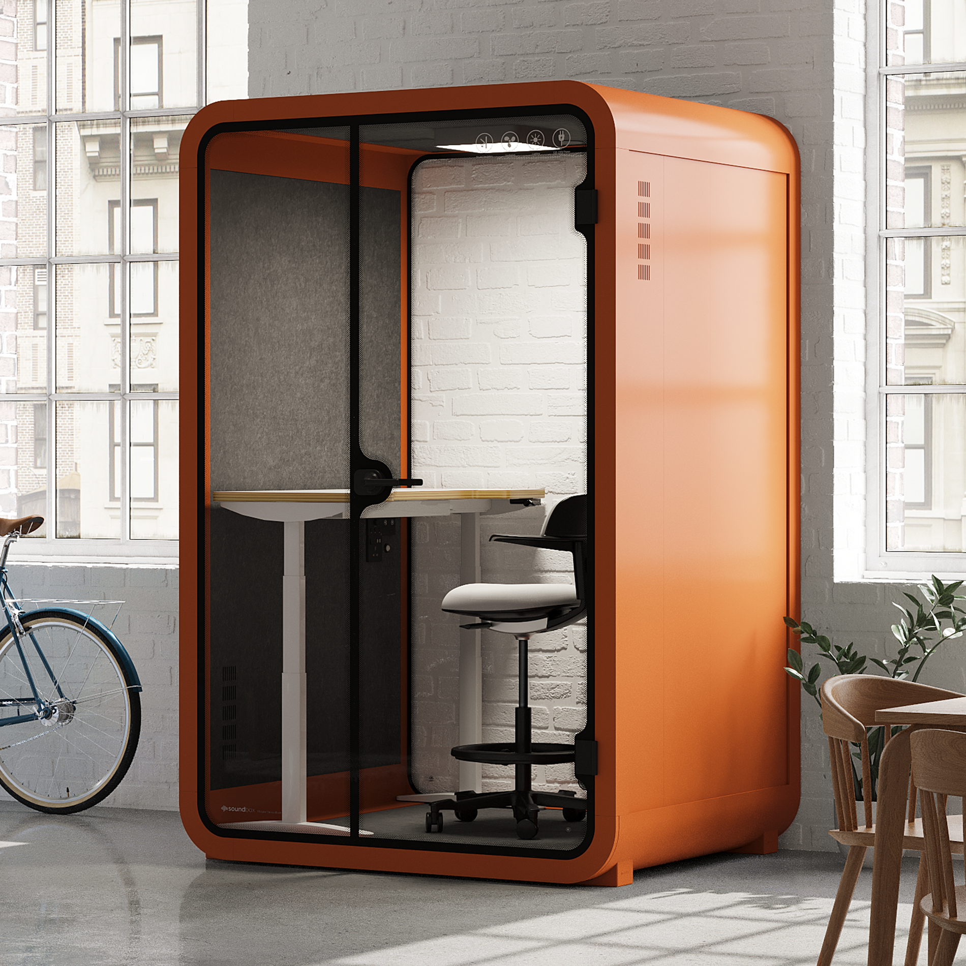 Quell - Office Pod - 2 PersonOrange / Dark Gray / Electric Adjustable Work Station + Stool