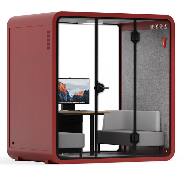 Quell 4-person meeting booth by Soundbox Store – light grey with deluxe white table and 4 chairs