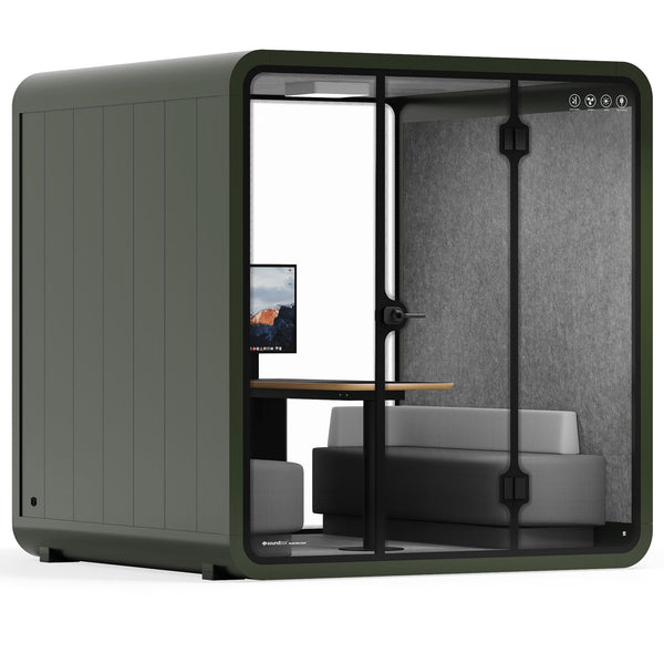 Quell 6-person meeting booth by Soundbox Store – light grey with conference table and seating for 6